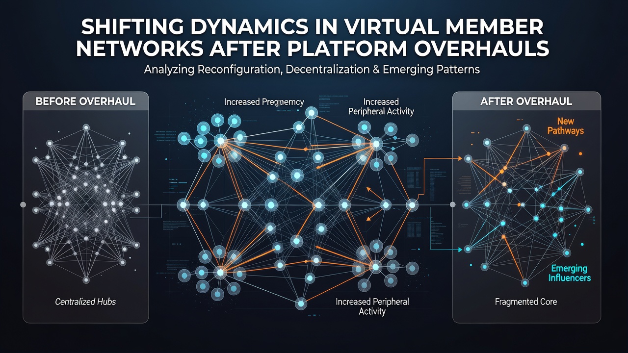 Members collaborating in a virtual network after platform changes, illustrating updated group structures