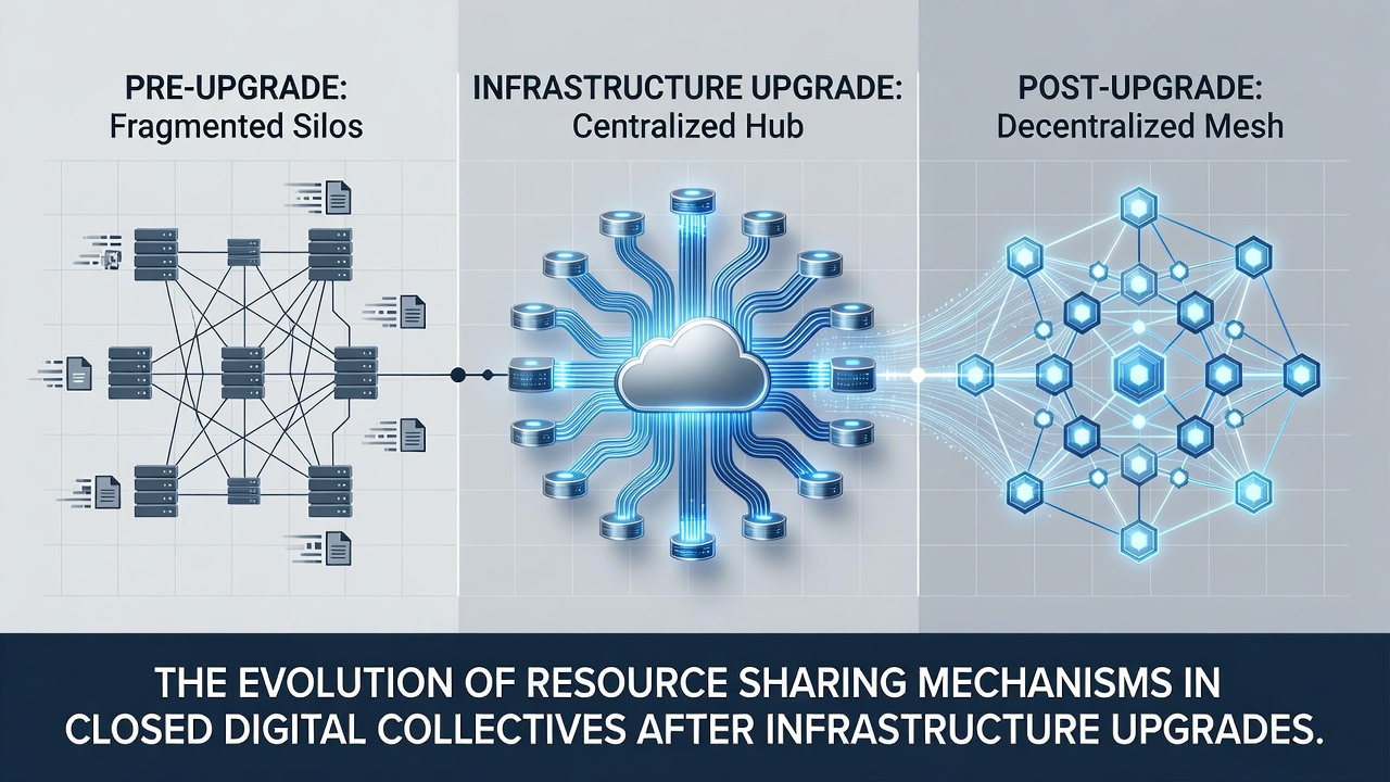 The Evolution of Resource Sharing Mechanisms in Closed Digital Collectives After Infrastructure Upgrades